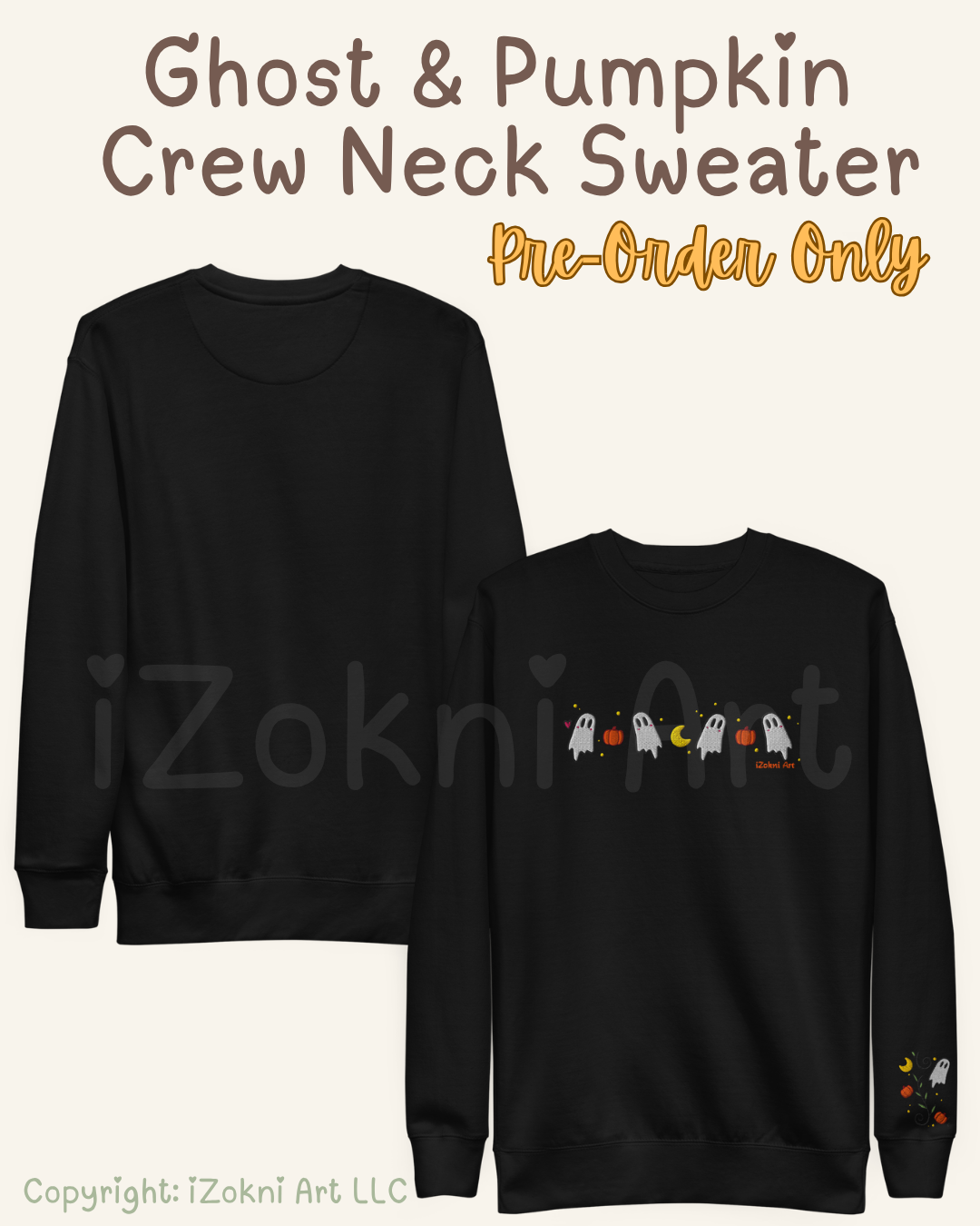 Two black crew neck sweatshirts shown on a light beige background with promotional text reading 'Ghost & Pumpkin Crew Neck Sweater' and 'Pre-Order Only.' The left sweatshirt is plain, and the right sweatshirt has a small Halloween graphic across the chest with ghosts, pumpkins, a moon, and a ghost ship, plus a small matching graphic on the sleeve.
