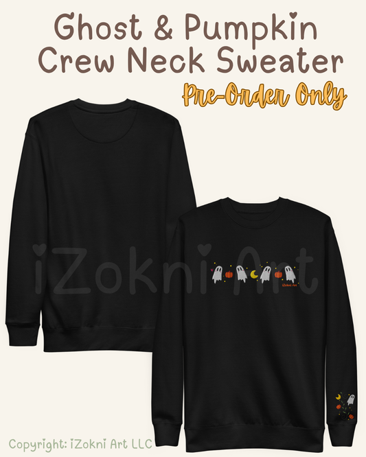 Two black crew neck sweatshirts shown on a light beige background with promotional text reading 'Ghost & Pumpkin Crew Neck Sweater' and 'Pre-Order Only.' The left sweatshirt is plain, and the right sweatshirt has a small Halloween graphic across the chest with ghosts, pumpkins, a moon, and a ghost ship, plus a small matching graphic on the sleeve.